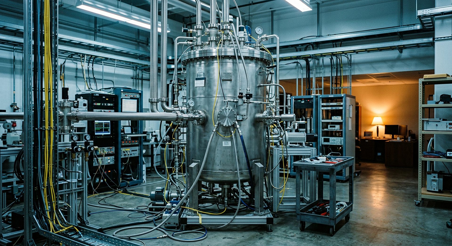 Laboratoire de physique quantique, cryostat, câbles, lumière froide, aucun visage identifiable