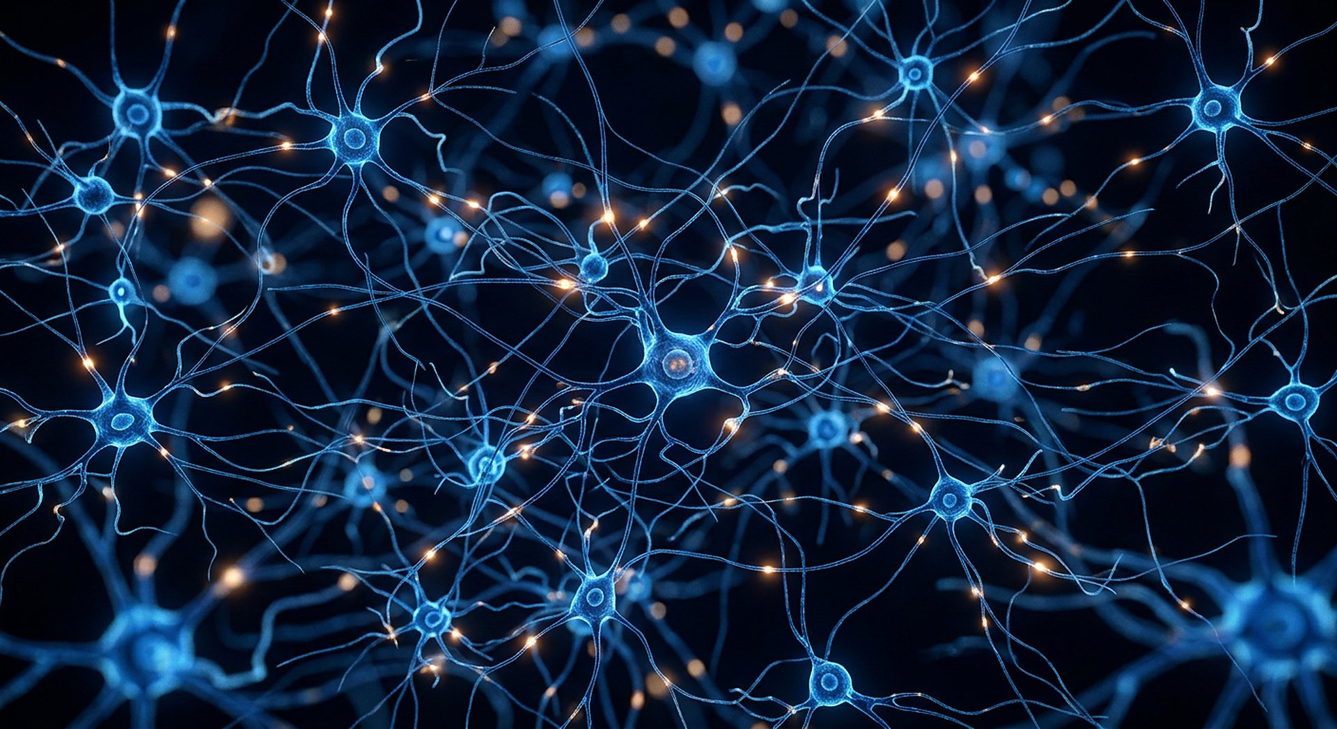 Réseau de neurones stylisé, prolongements ramifiés, lumière bleue et ambre, profondeur de champ