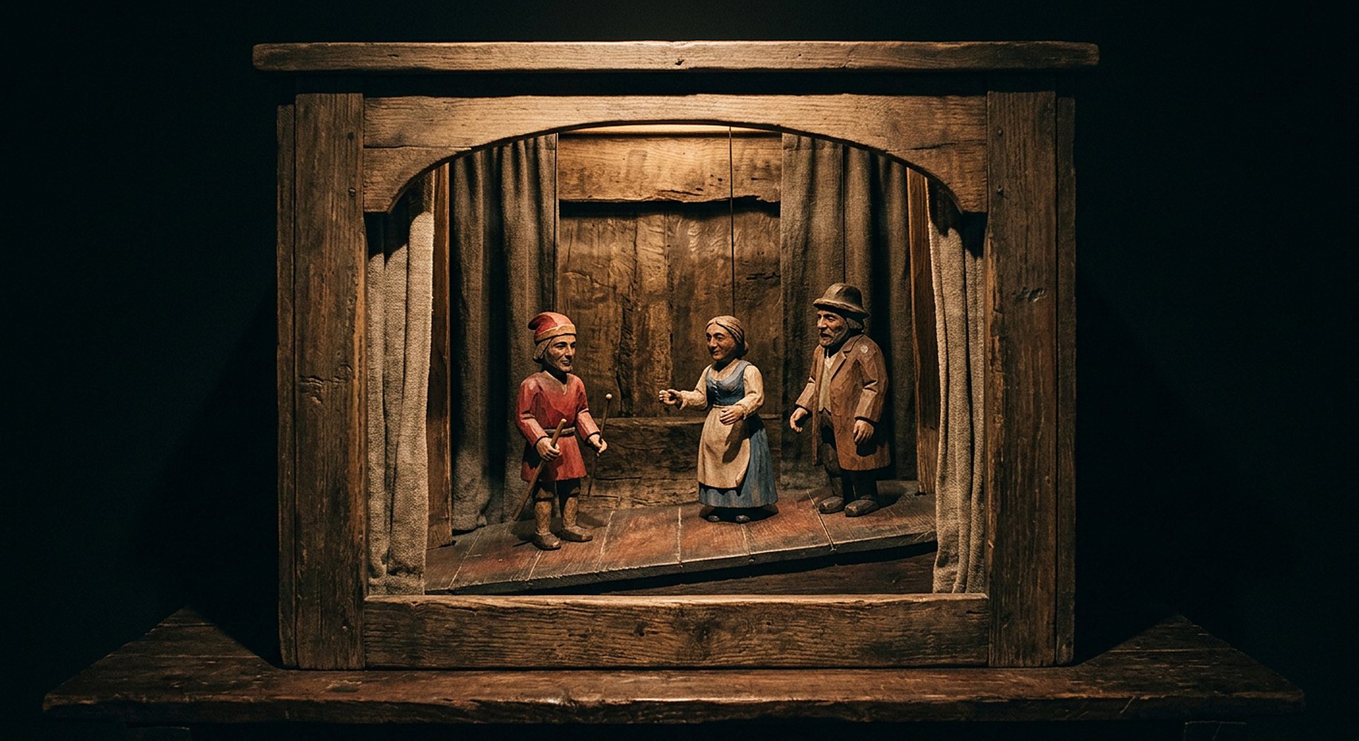 Petit théâtre de marionnettes en bois, décor simple, éclairage doux