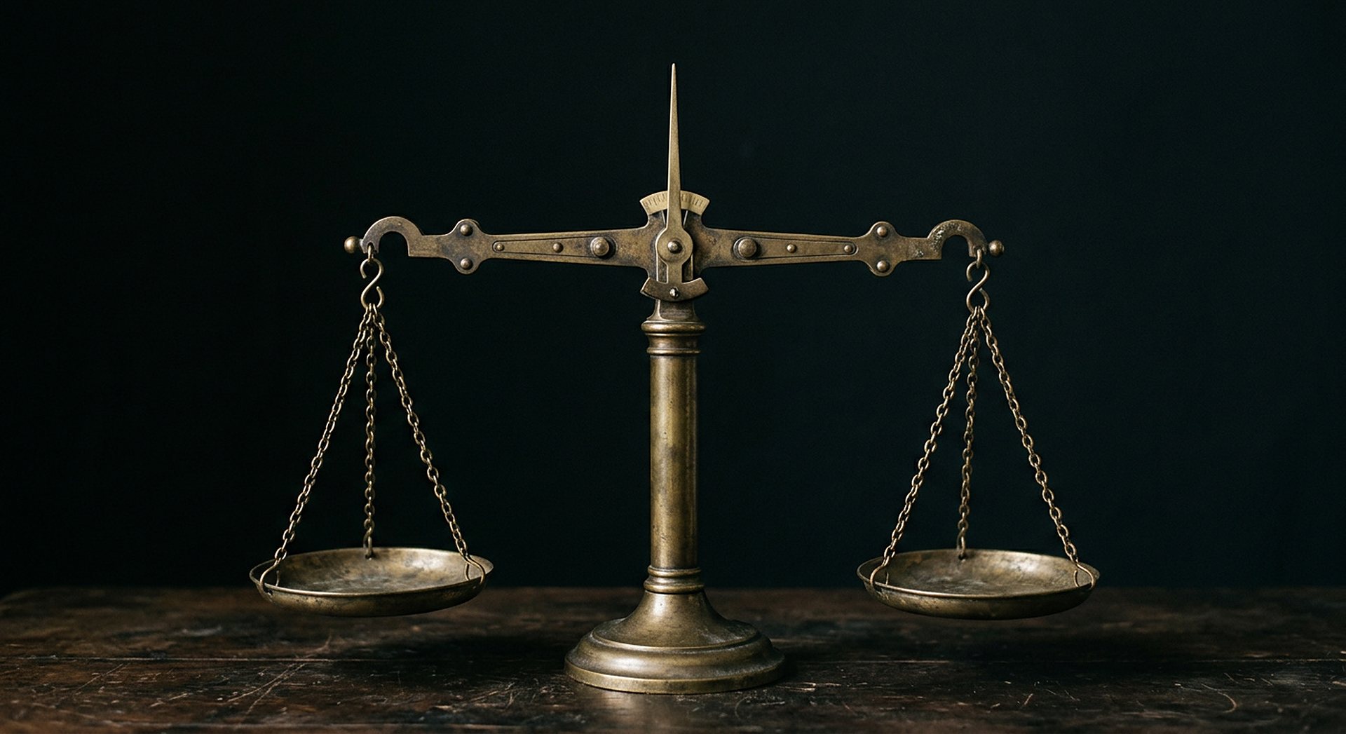 Balance à deux plateaux en laiton, équilibre incertain, fond sombre, aucun signe religieux