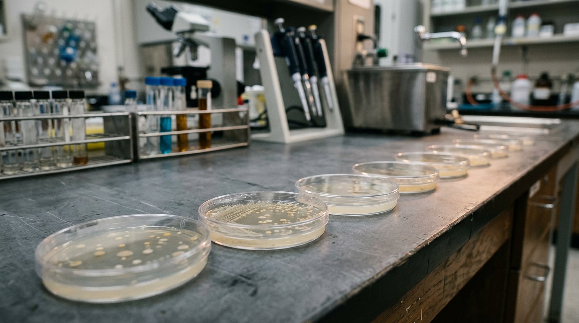Boîtes de Petri alignées sur une paillasse, éclairage de laboratoire, rendu sobre