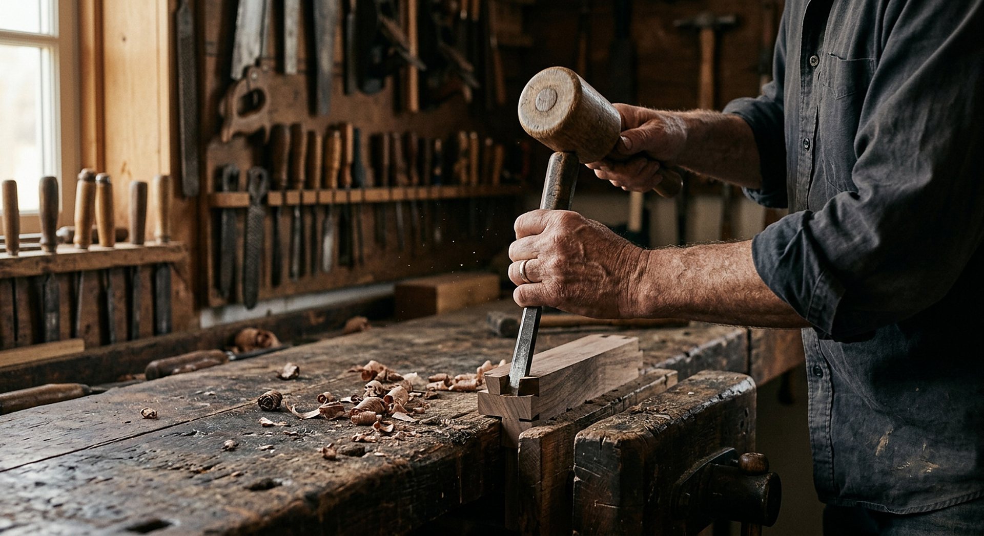 Mains d'artisan et outils sur un établi de bois, copeaux, lumière chaude latérale
